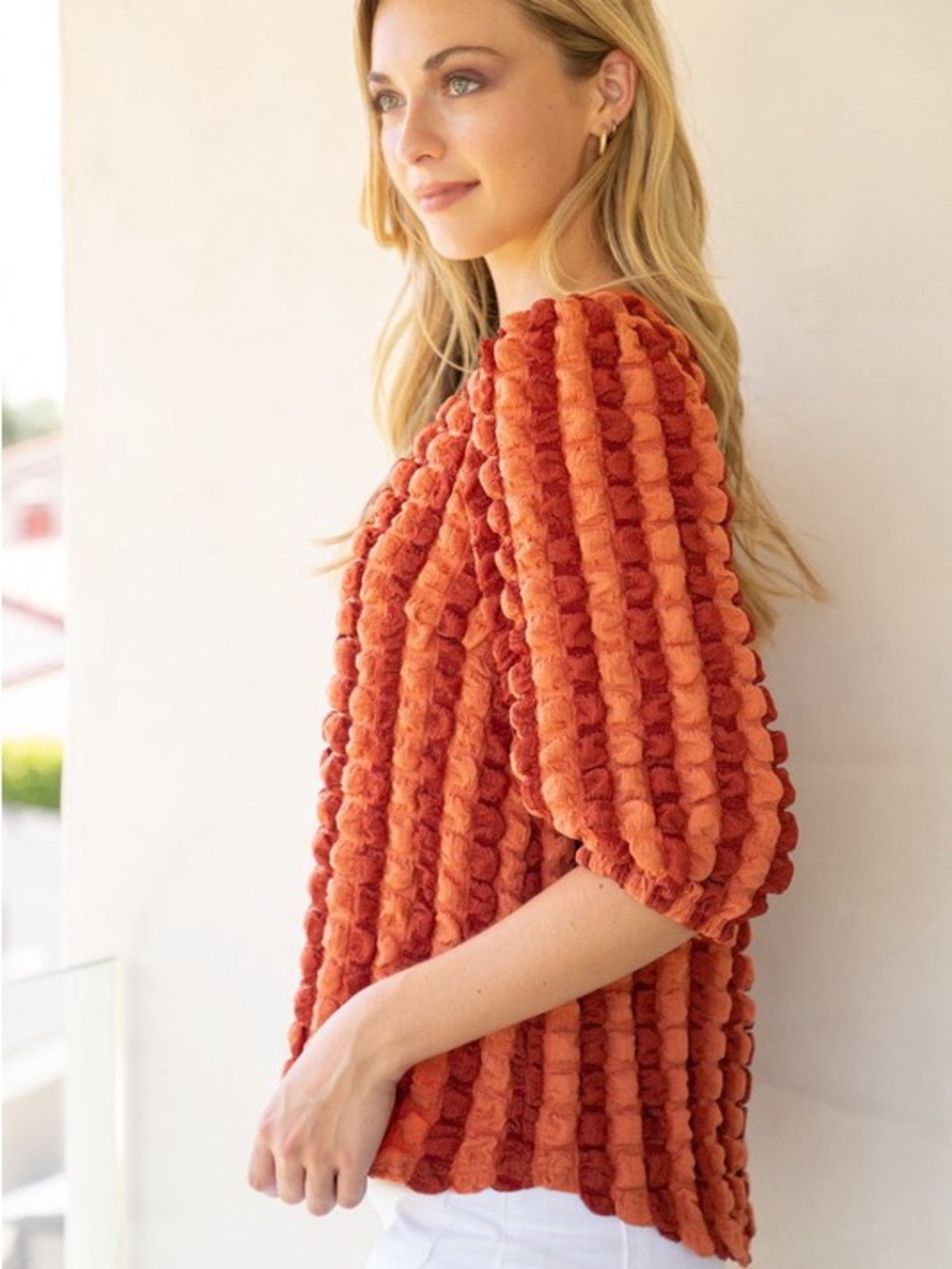 VOY Textured Popcorn Puff Sleeve Top - Picture 3 of 6